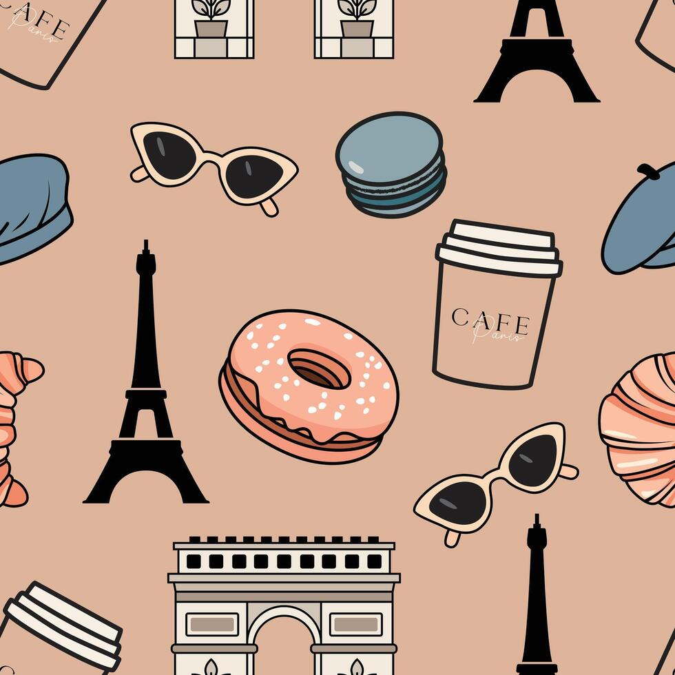 Parisian Coffee, Eiffel Tower, and Macaron Pattern Design vector