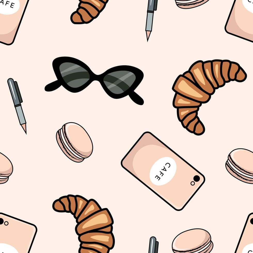Parisian Sunglasses, Macaron, and Croissant Pattern Design vector