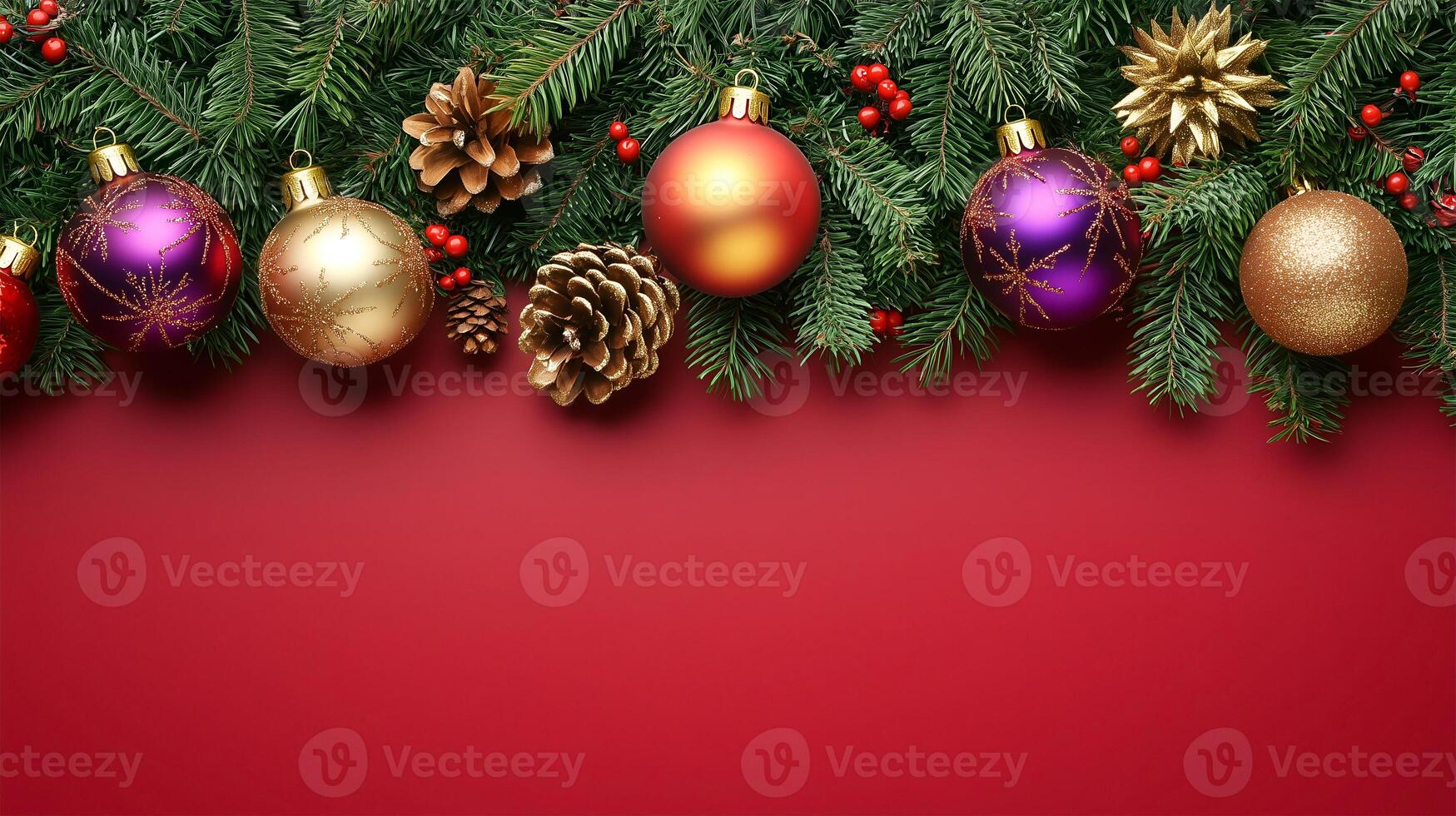 Festive Christmas background with ornaments and foliage, perfect for holiday messages or designs photo