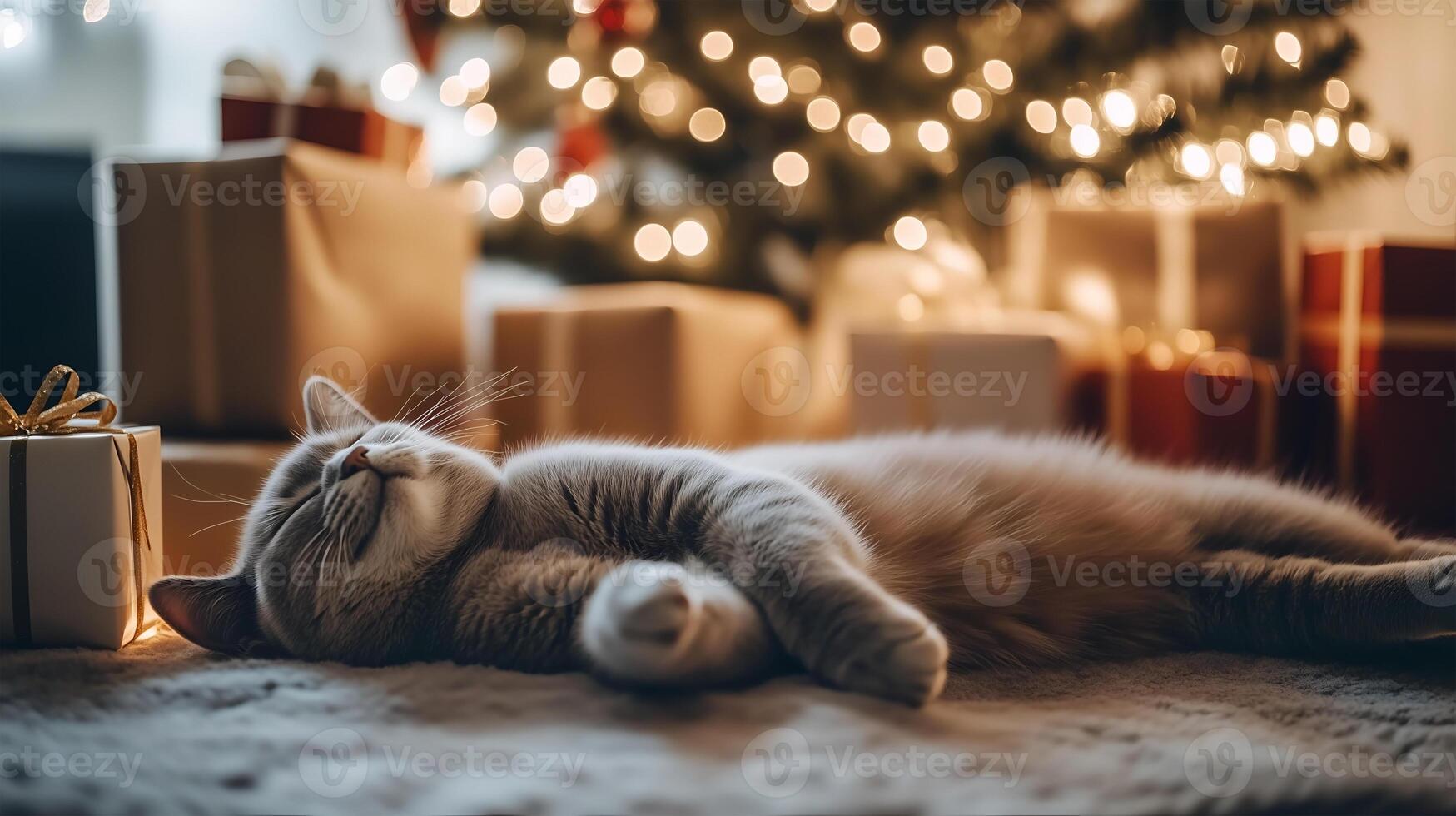 A British cat relaxes near a decorated Christmas tree with presents around photo