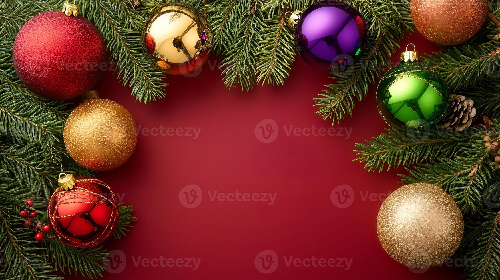Colorful Christmas ornaments surround festive background with ample space for holiday greetings photo