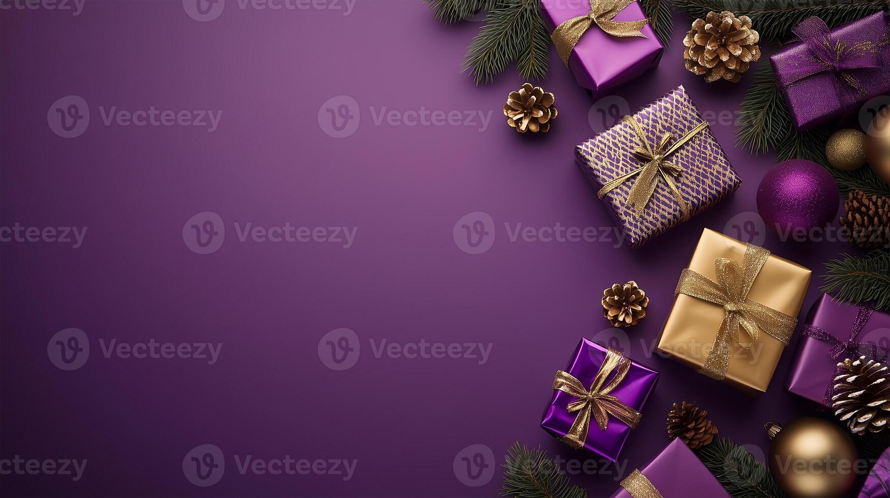 Elegant Christmas gifts on a festive purple background, perfect for your message photo