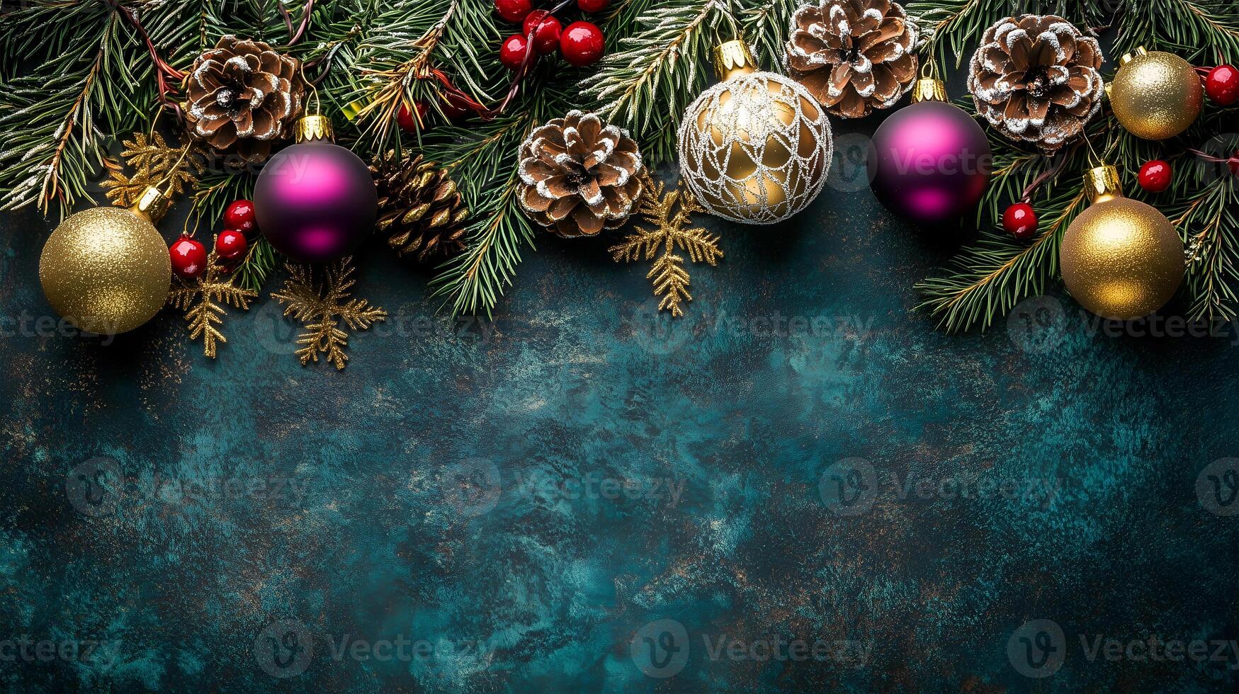 Festive Christmas decorations with colorful ornaments and pinecones on a textured background photo