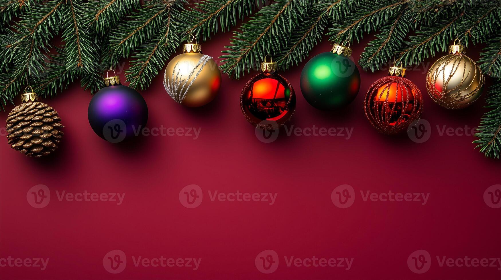 Festive Christmas background featuring colorful ornaments and pine branches for holiday decorations photo