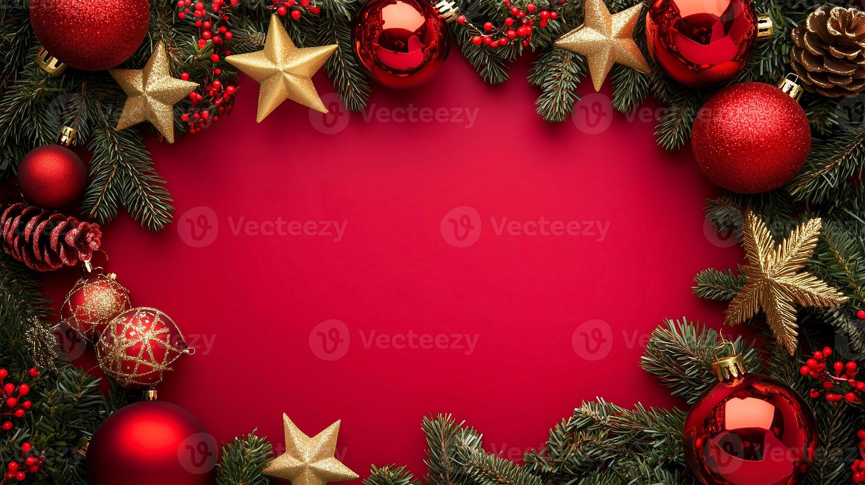 Festive Christmas background featuring decorations and red copy space for the holiday season photo