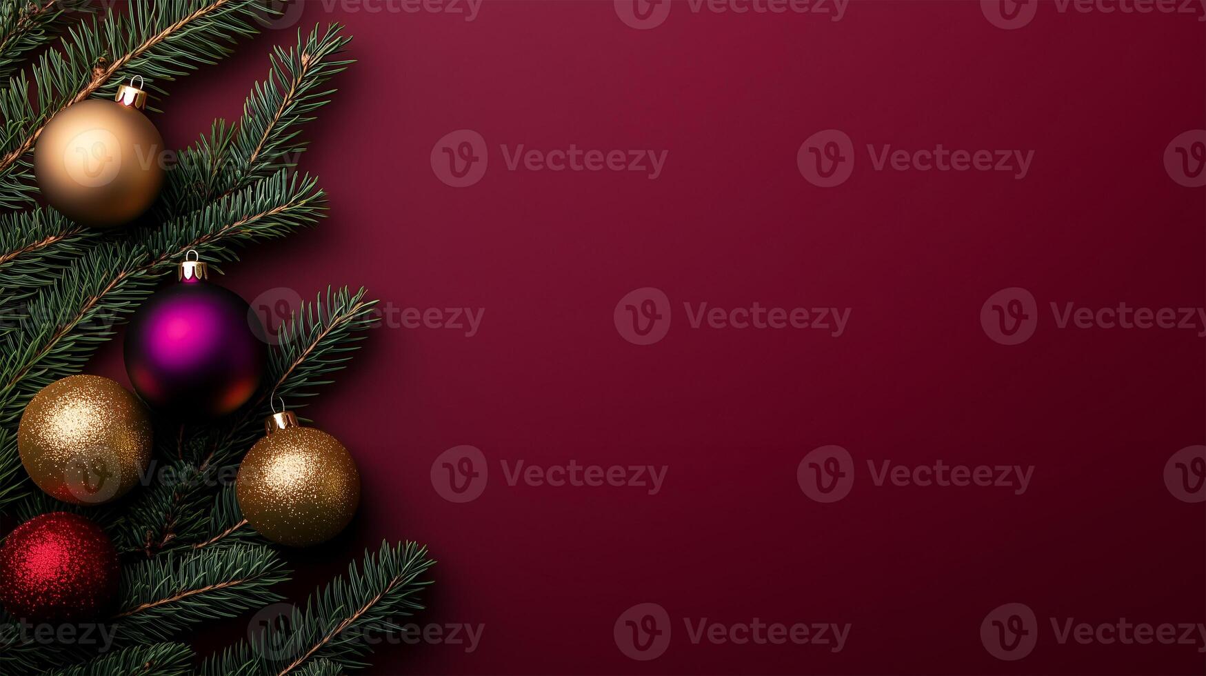 Festive Christmas background featuring colorful ornaments and evergreen branches for text photo
