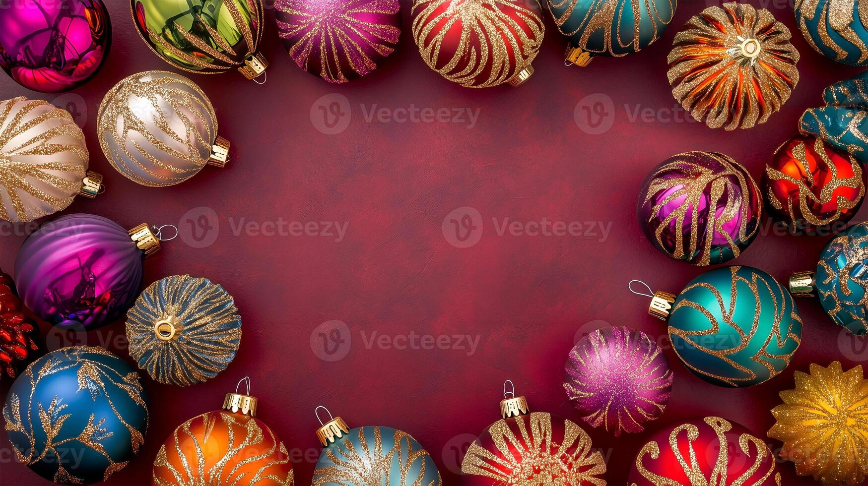 Colorful Christmas ornaments arranged on a red background with space for festive text photo