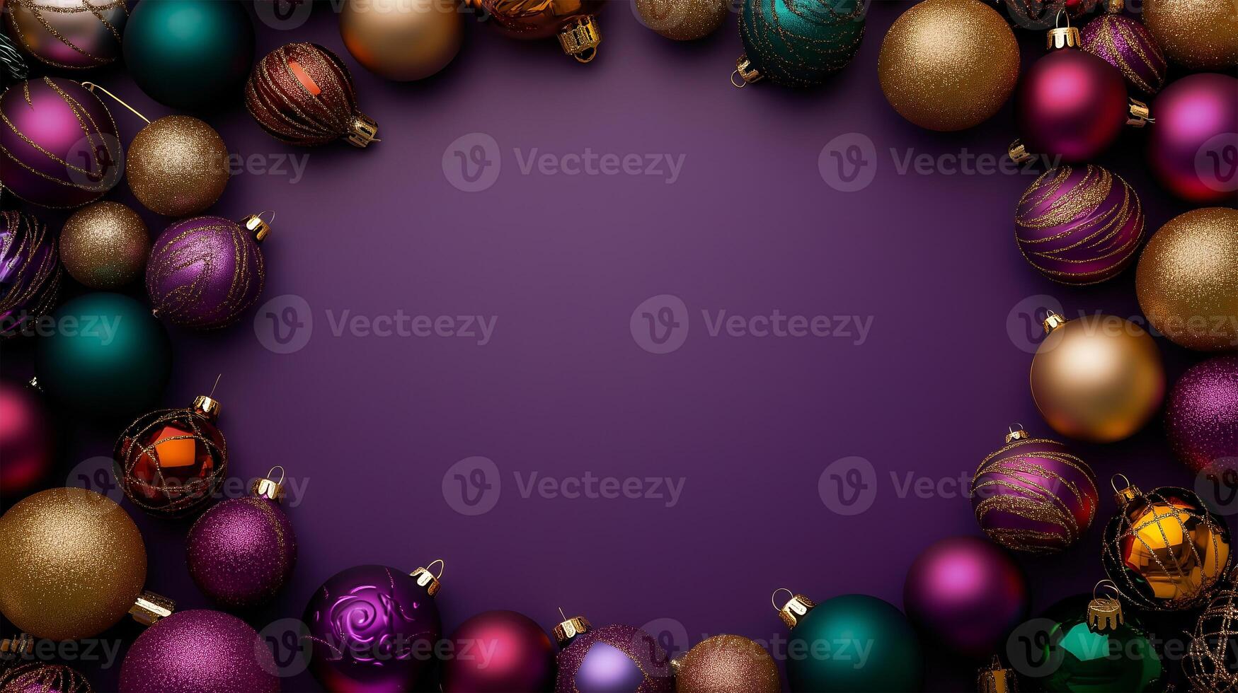 Decorative Christmas ornaments create a festive background with ample copy space for your message photo