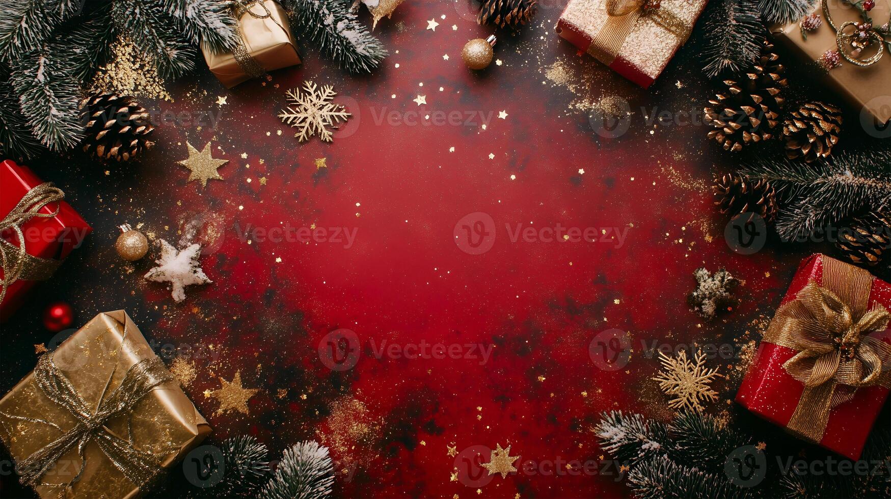 Festive Christmas background with gifts and decorations ready for personal messages photo