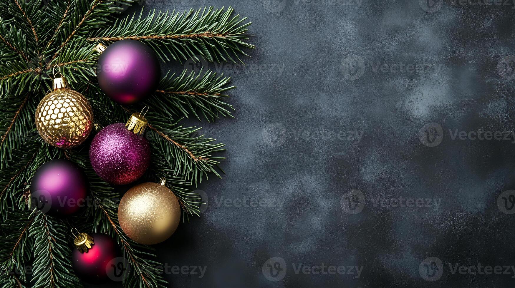 Elegant Christmas decorations with colorful ornaments on a dark background and space for text photo