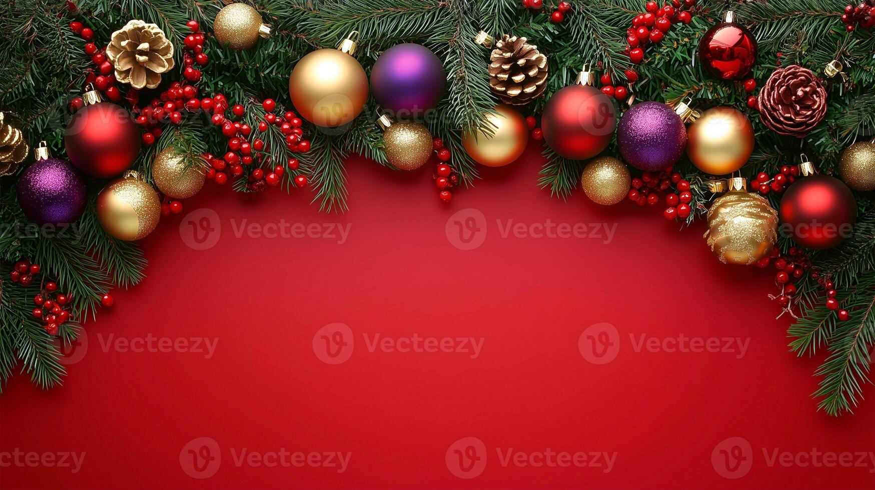 Festive Christmas background with ornaments and greenery providing ample text space photo