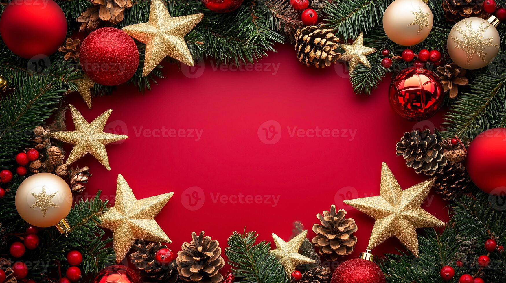 Festive Christmas background with ornaments and pinecones, perfect for holiday messages photo