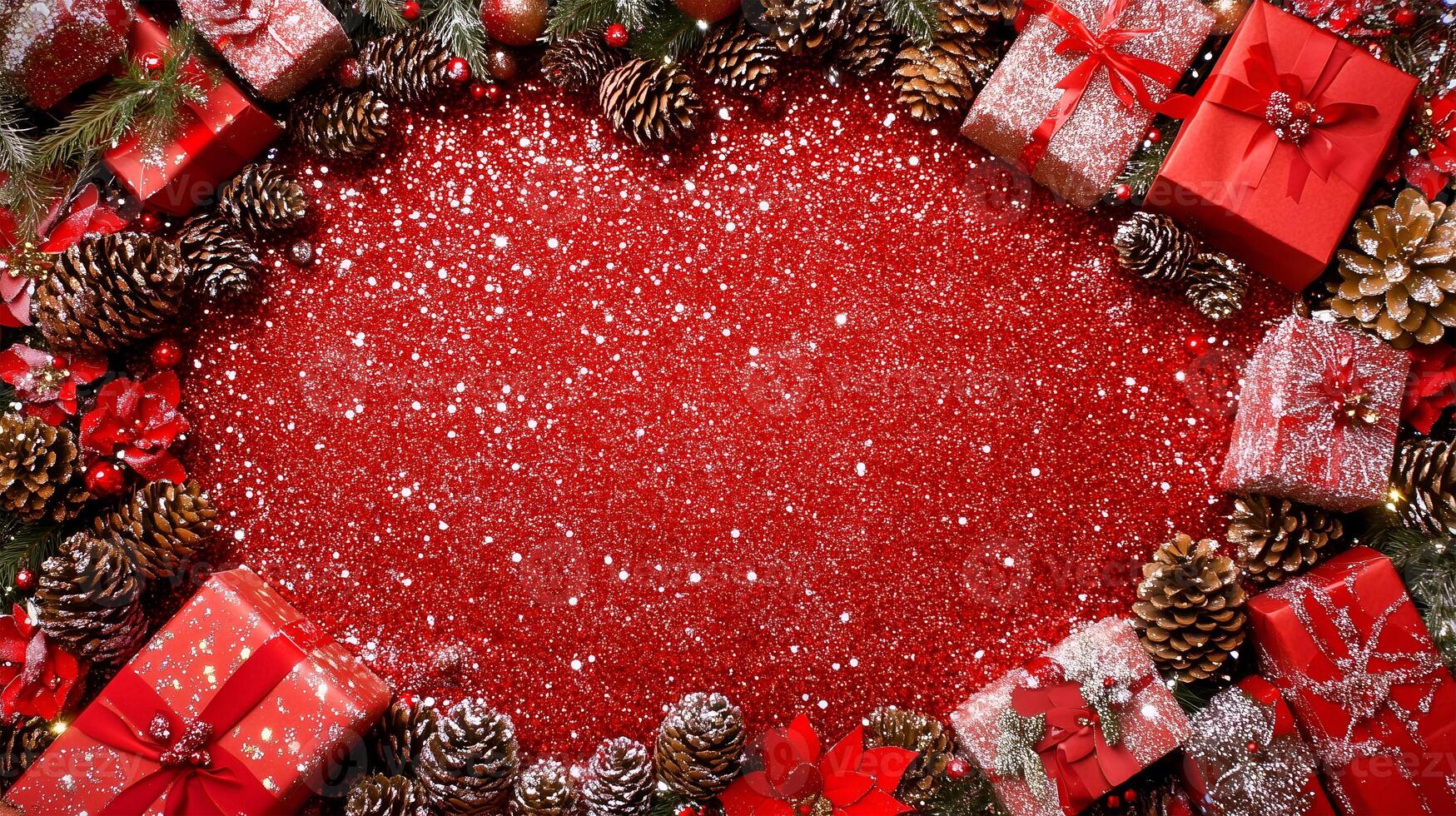 Christmas background with gift boxes, pinecones, and festive decorations for greetings photo