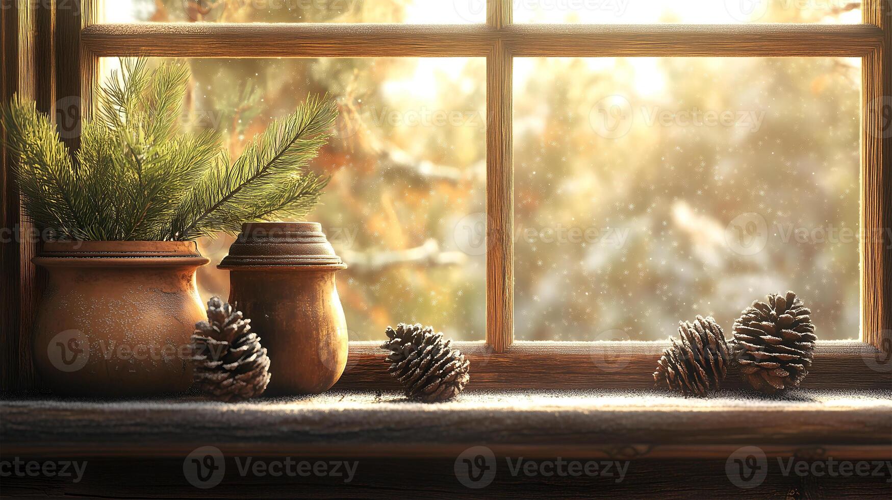 Cozy winter window display with Christmas decorations and pinecones in a warm interior setting photo