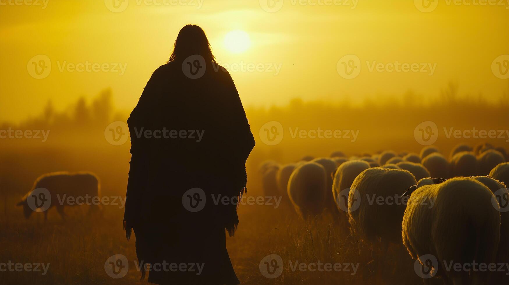 Shepherd guiding sheep at dawn, offering prayers in a tranquil pastoral setting photo