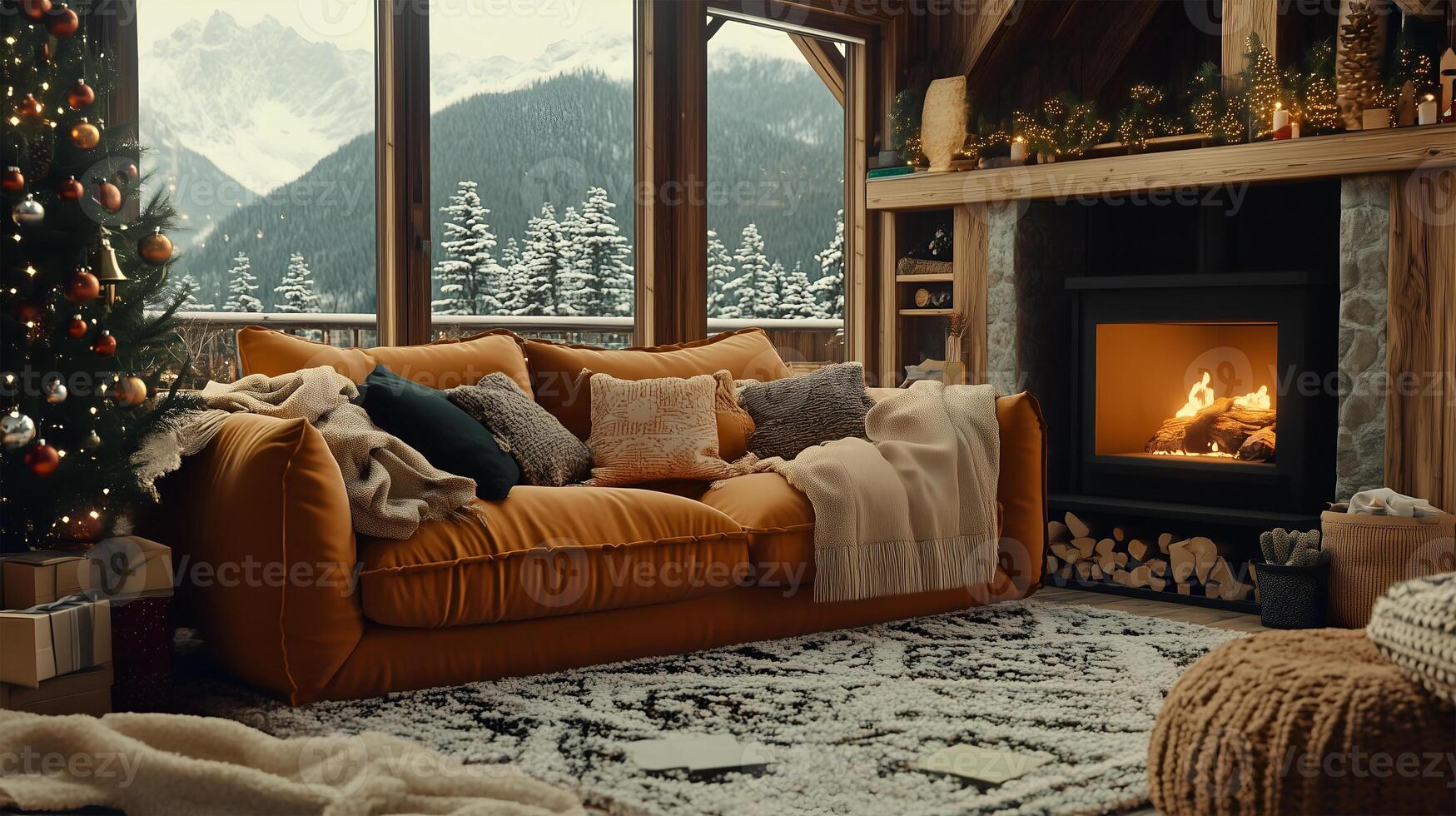 Cozy winter living room with a warm fire and festive holiday decorations in the mountains photo