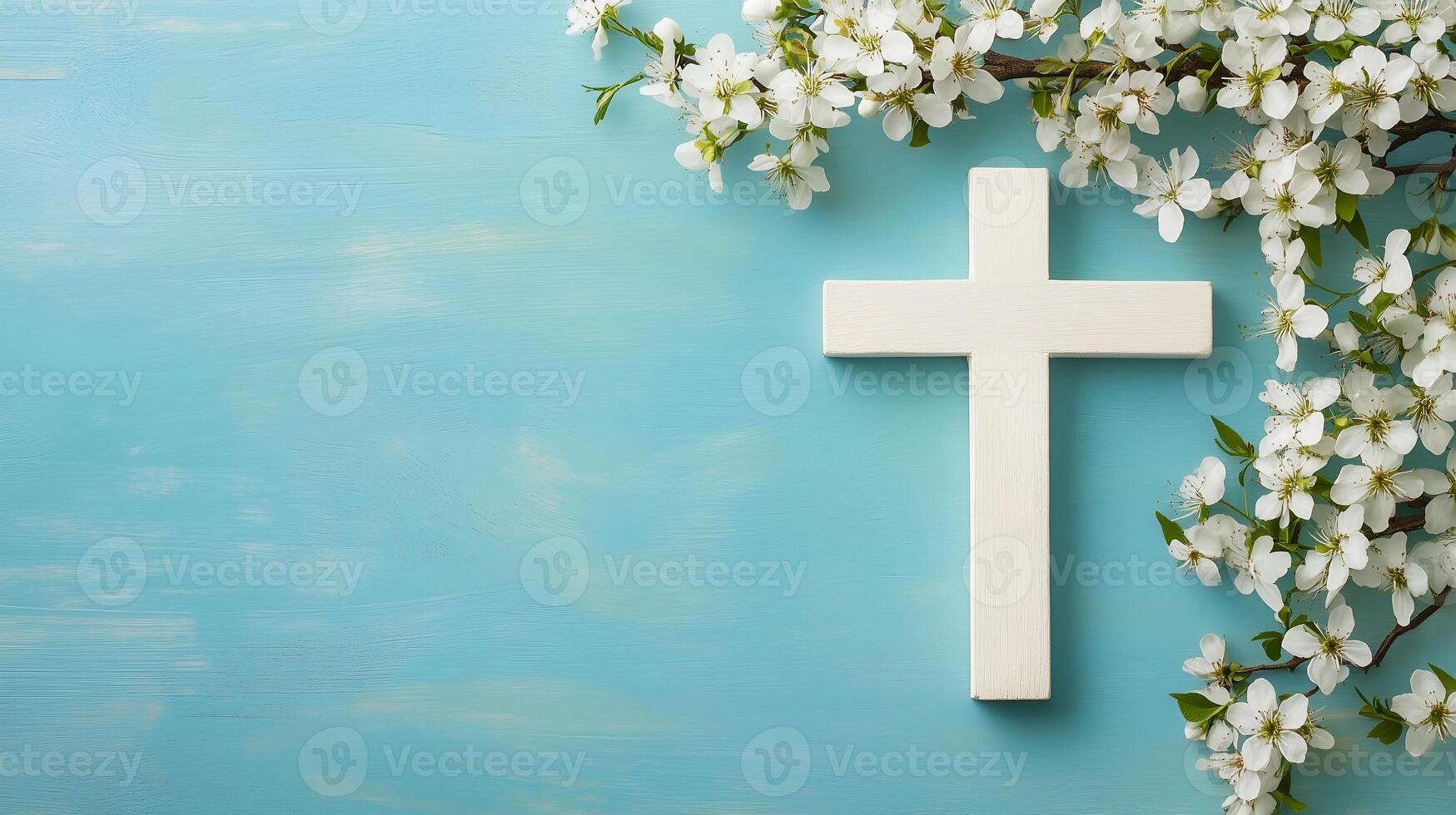 Serene cross adorned with flowers on a tranquil blue background inviting reflection and peace photo