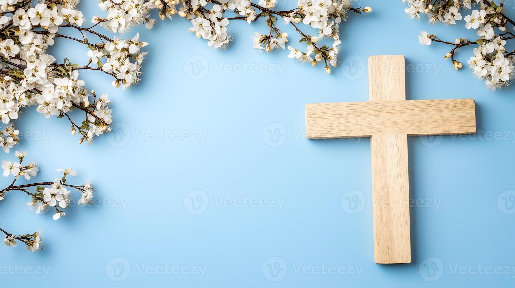 A wooden cross surrounded by delicate white flowers on a light blue background in spring photo