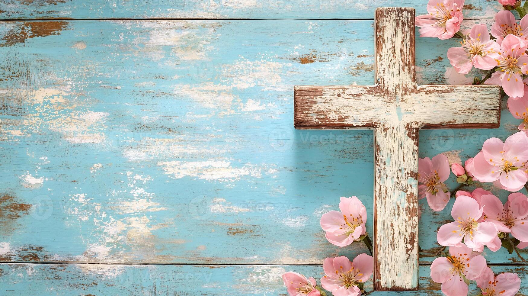 A rustic wooden cross adorned with delicate flowers set against a serene blue background photo