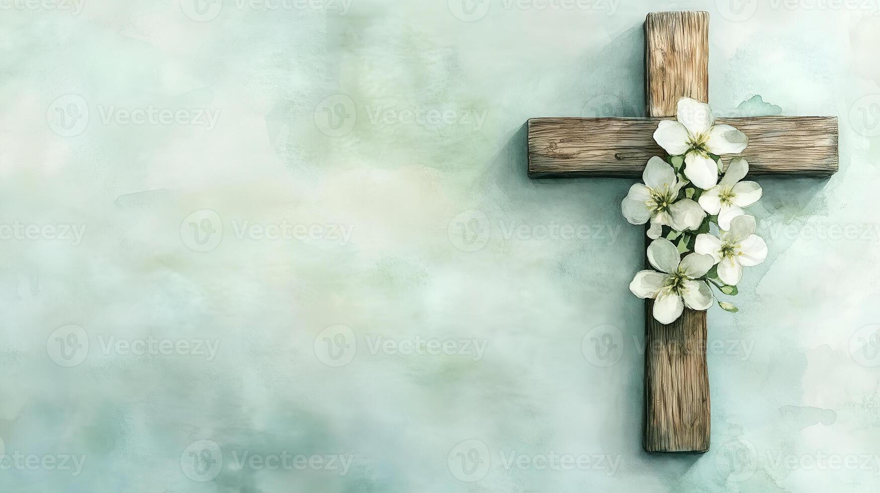 Elegant wooden cross adorned with white flowers against a serene blue background of tranquility photo