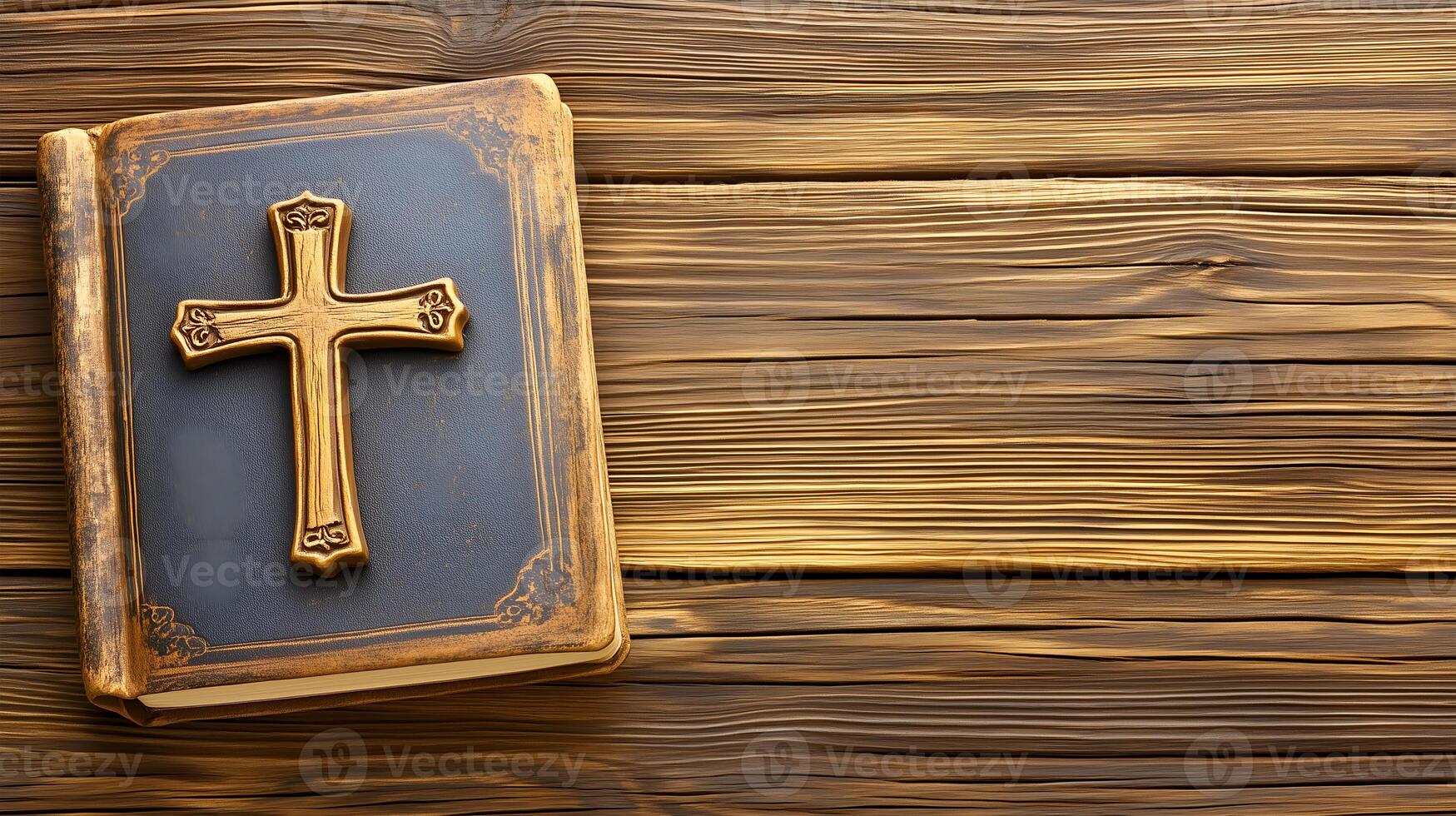 A wooden background with space featuring a cross and a book representing faith and spirituality photo