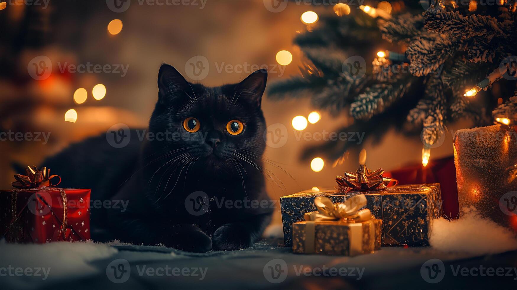 A playful Bombay cat relaxing under the Christmas tree surrounded by festive decorations photo