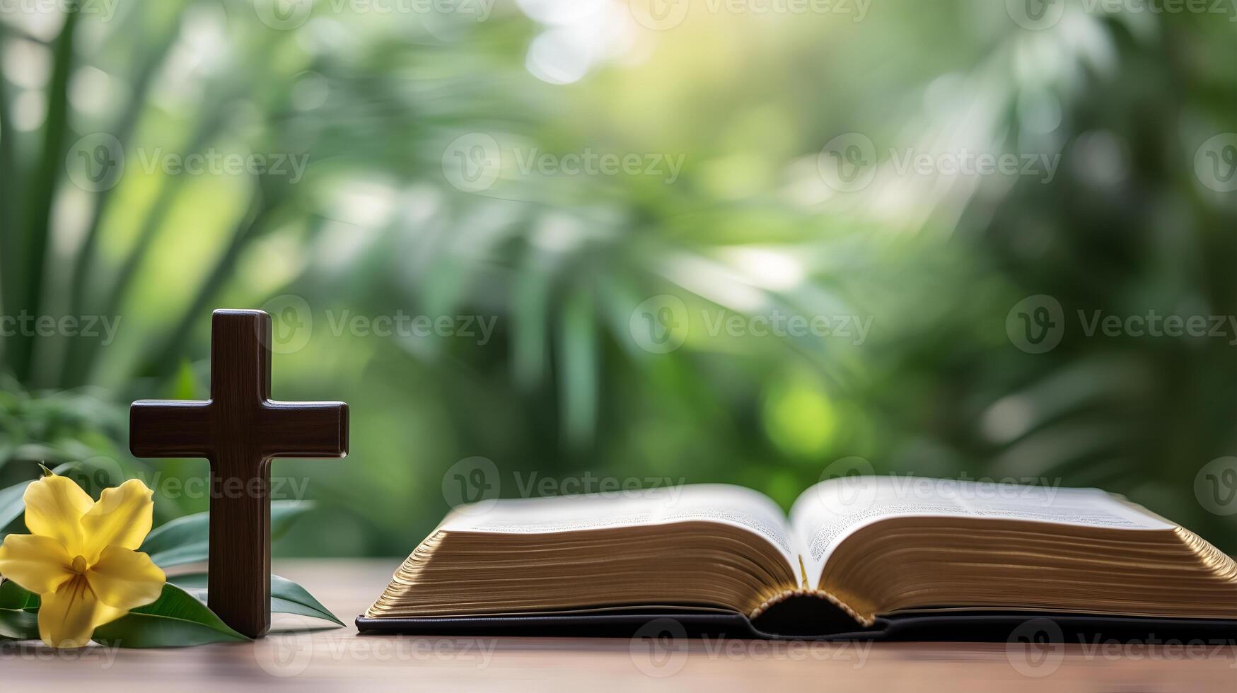 Reflection on faith with a wooden cross and open book on a rustic table with natural light photo