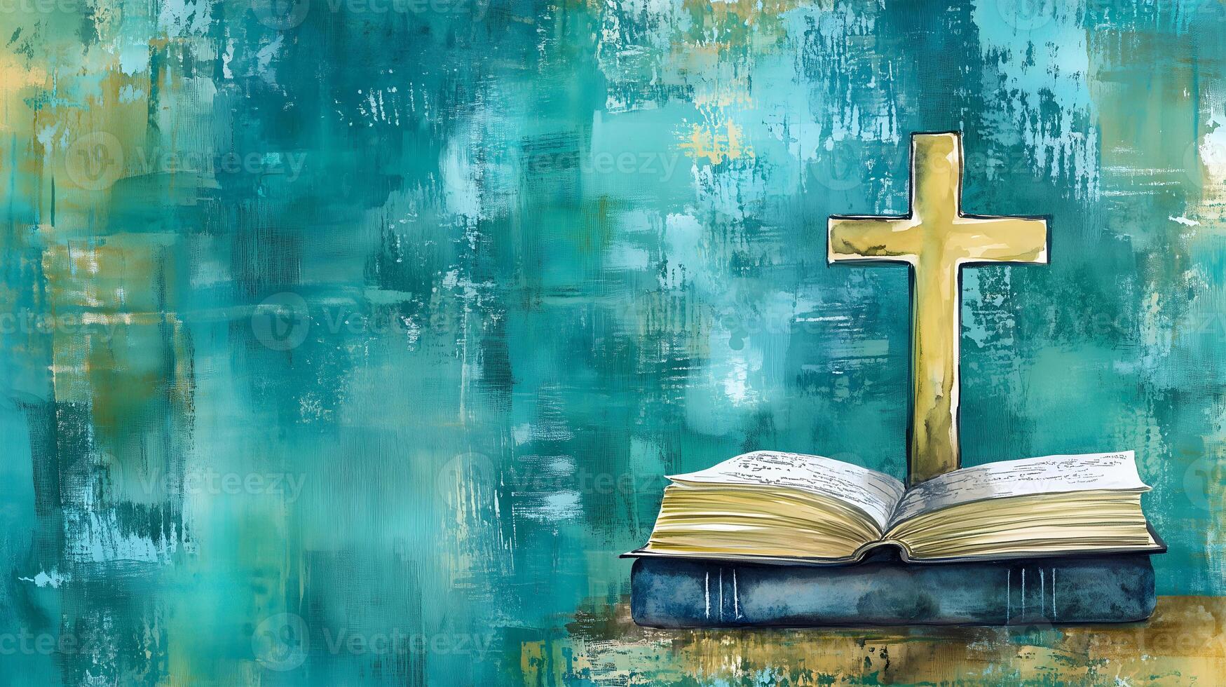 A wooden background featuring a cross on an open book with a textured blue backdrop photo