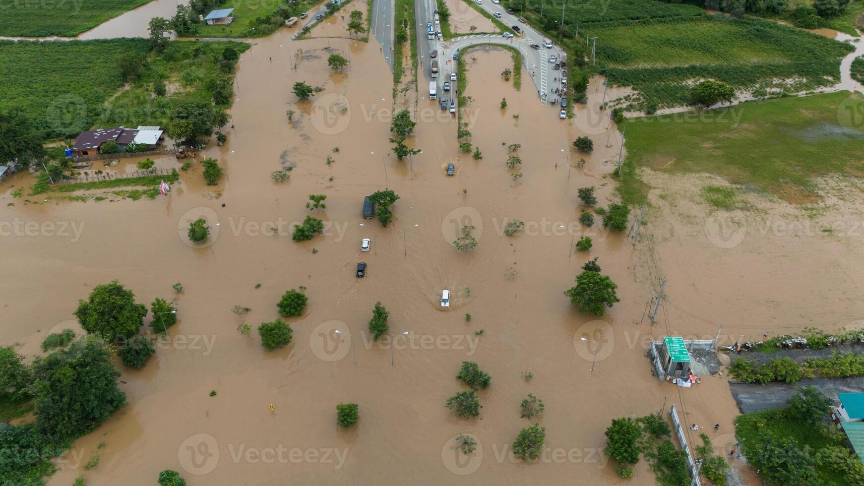Aerial view of Chiang Rai downtown flooding by Kok river after heavy rain. This river is the blood line for people of Chiang Rai, started from the hills on boarder of Myanmar. photo