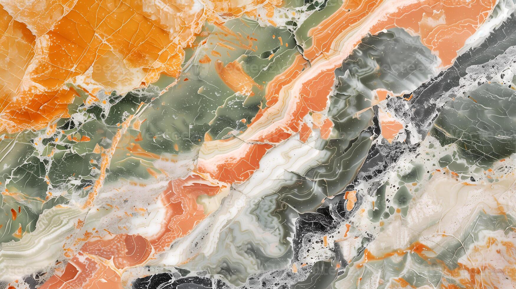 The intricate texture of jasper stone displays a blend of orange, green, and black colors photo