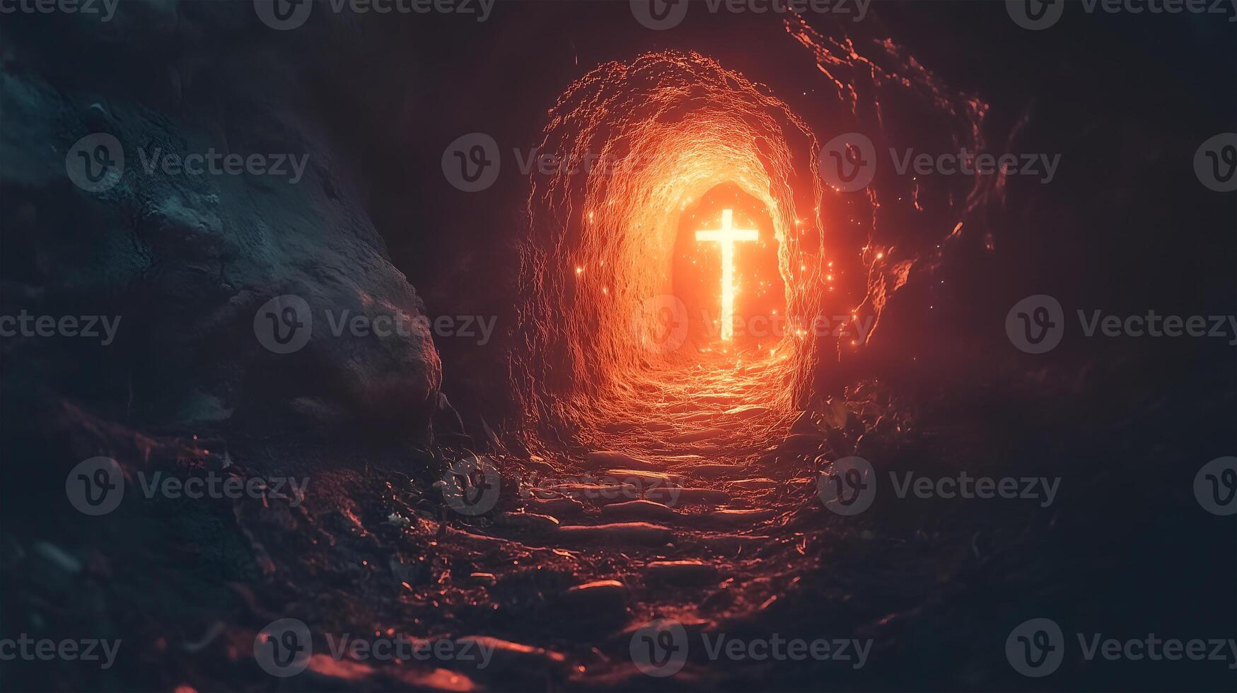 The empty tomb symbolizing the resurrection of Jesus during early morning light photo