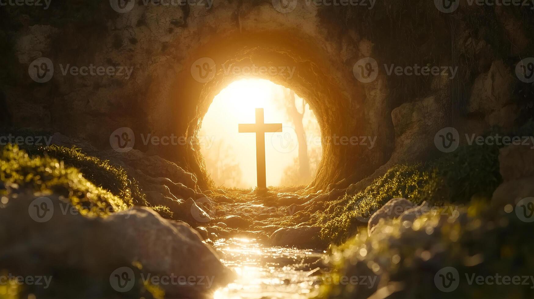 The radiant moment of Jesus' resurrection at the empty tomb during dawn light photo