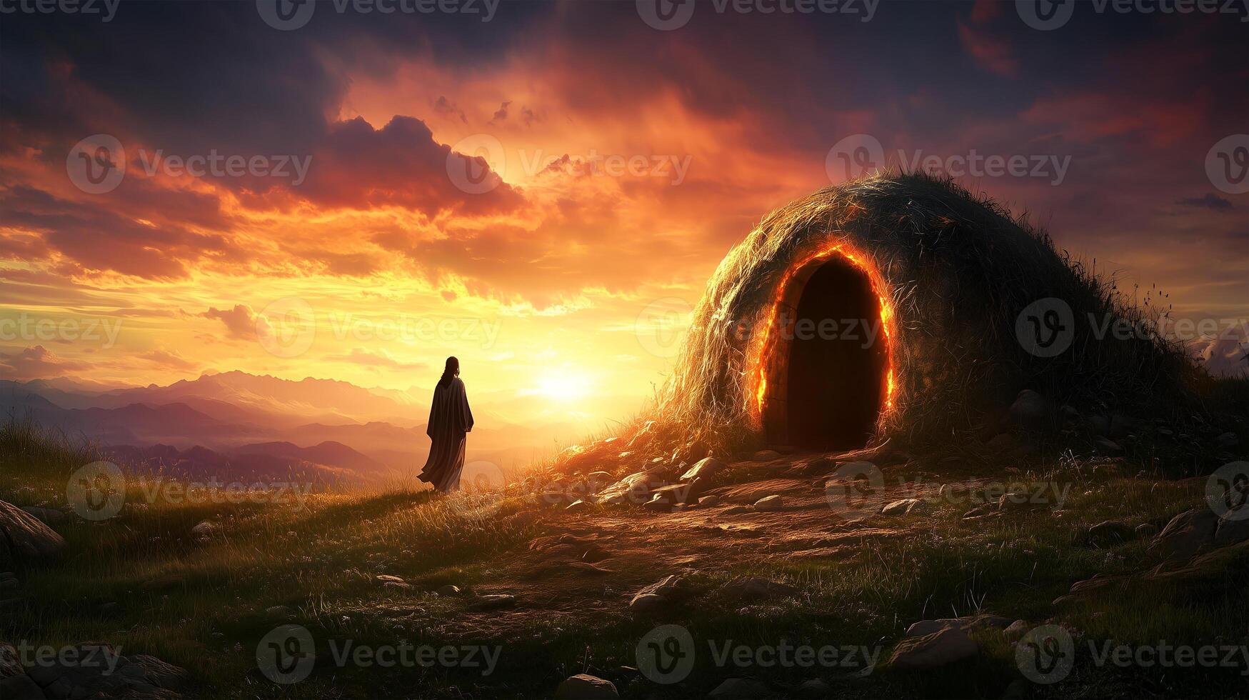 The moment of resurrection at the empty tomb with a vibrant sunset in the background photo