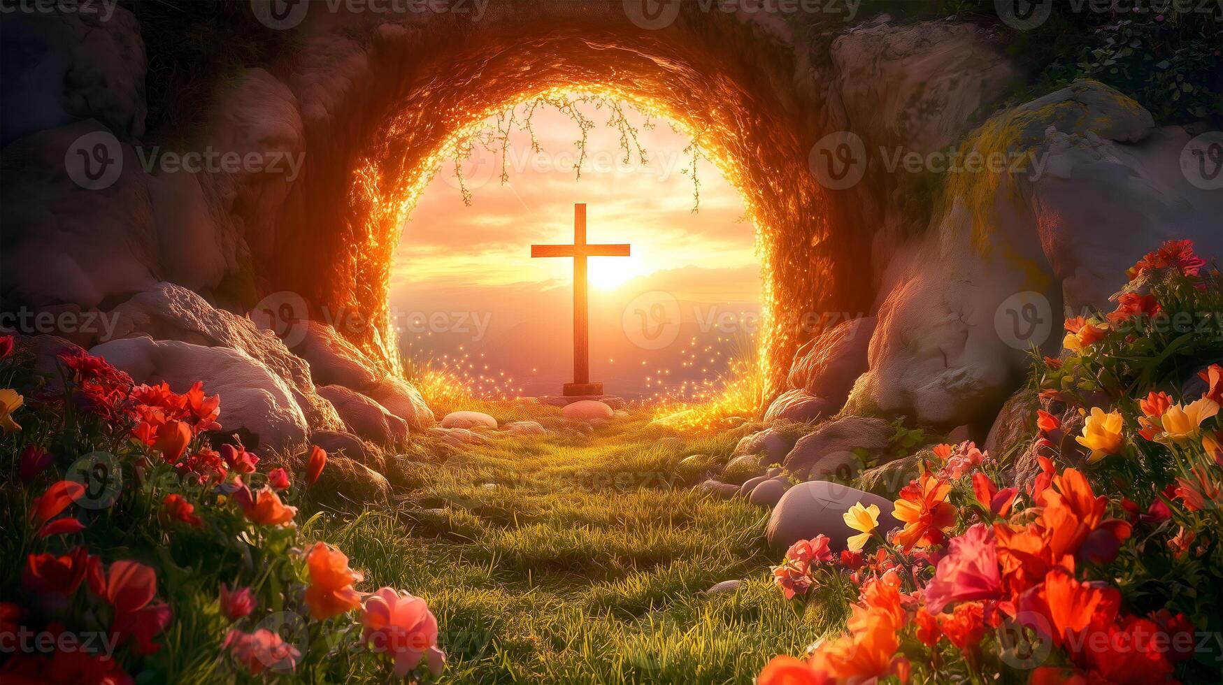 The empty tomb revealing the miracle of Jesus' resurrection at dawn surrounded by flowers photo
