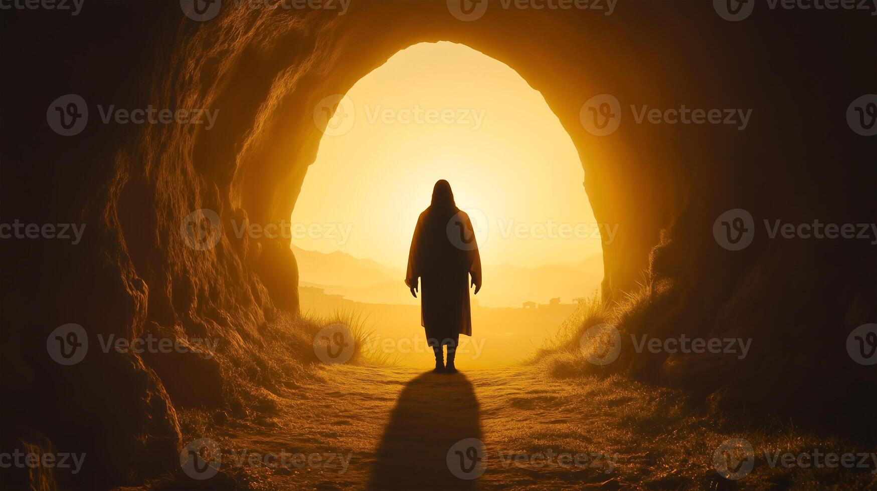 Jesus' resurrection as he emerges from the empty tomb during dawn with a glowing backdrop photo