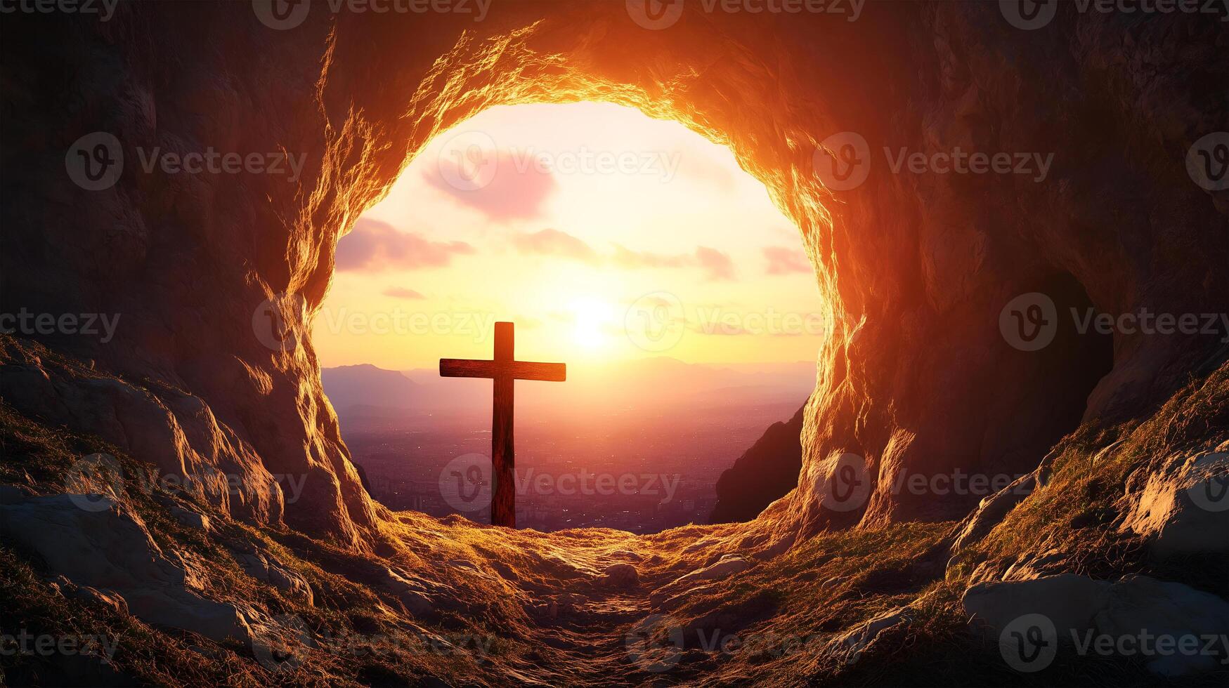 The empty tomb at sunrise, symbolizing the resurrection of Jesus and the promise of new life photo