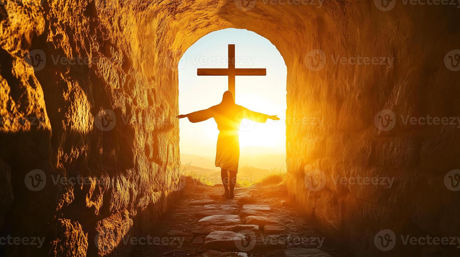 The resurrection of Jesus at the empty tomb with sunlight shining through the archway photo