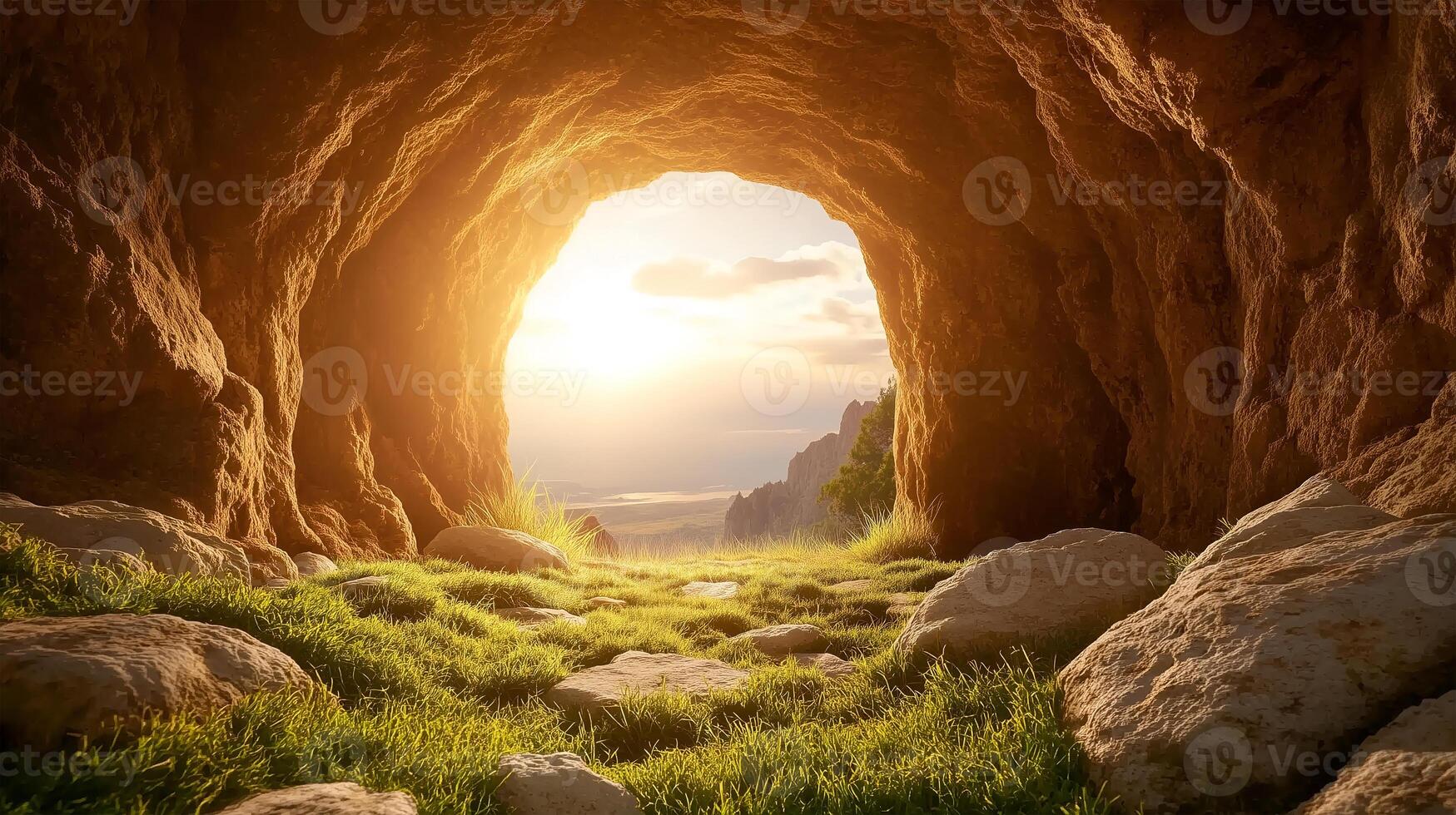The empty tomb symbolizing Jesus' resurrection during sunrise in a serene landscape photo
