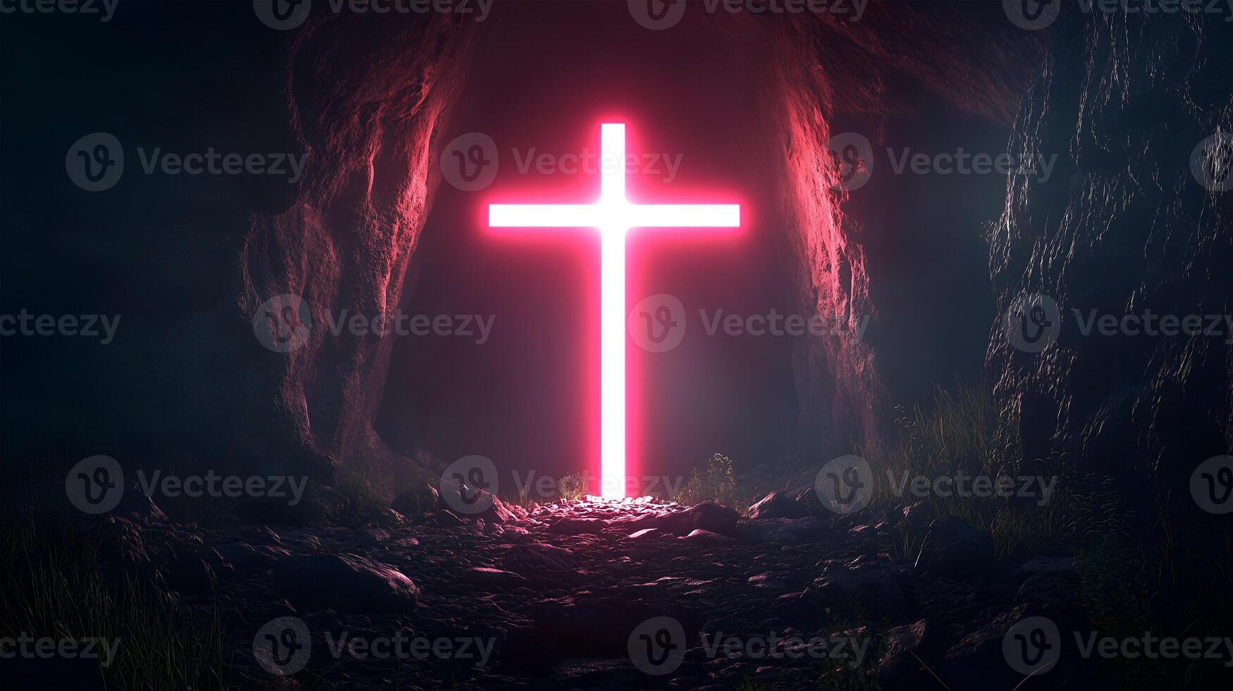The glowing cross within the empty tomb signifying the resurrection of Jesus Christ photo