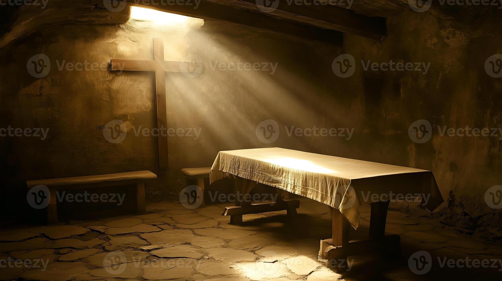 The empty tomb with light shining down, signifying the resurrection of Jesus Christ photo