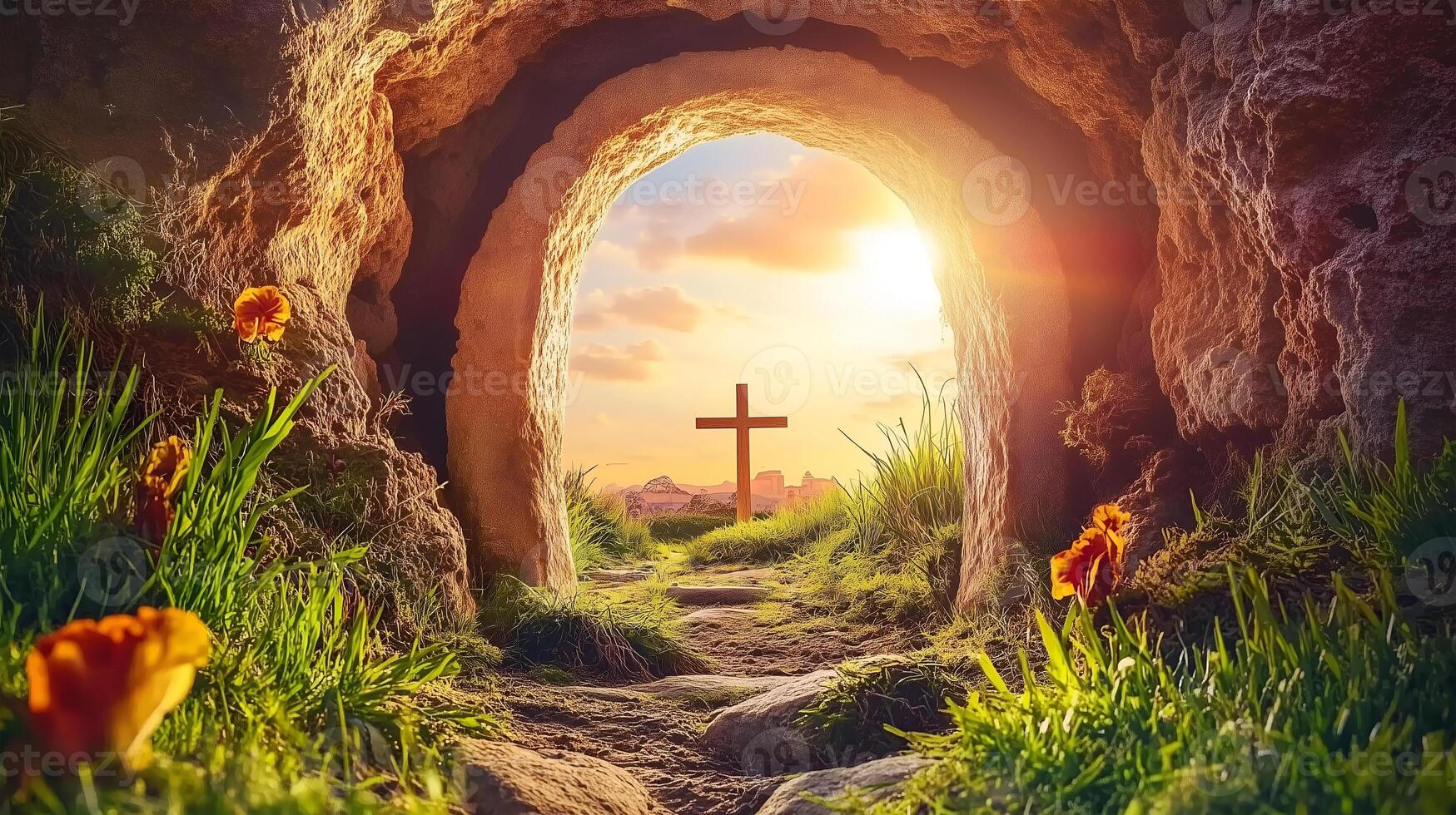 Sunrise over the empty tomb symbolizing the resurrection of Jesus Christ in a serene landscape photo