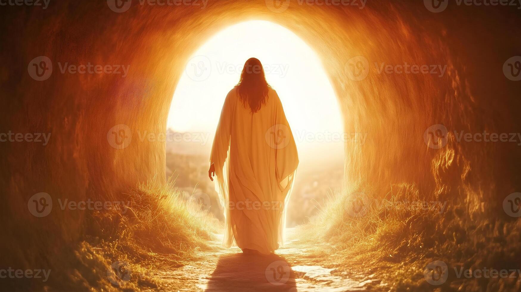 Resurrection of Jesus at the empty tomb during dawn depicting hope and new beginnings photo