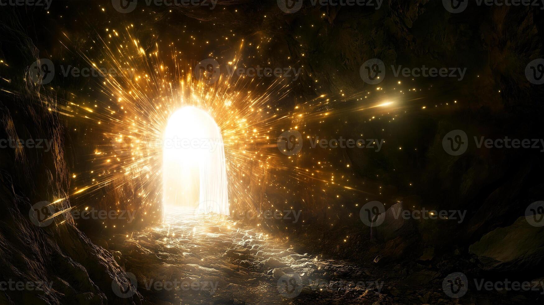 The miraculous resurrection of Jesus at the empty tomb with radiant light illuminating the entrance photo