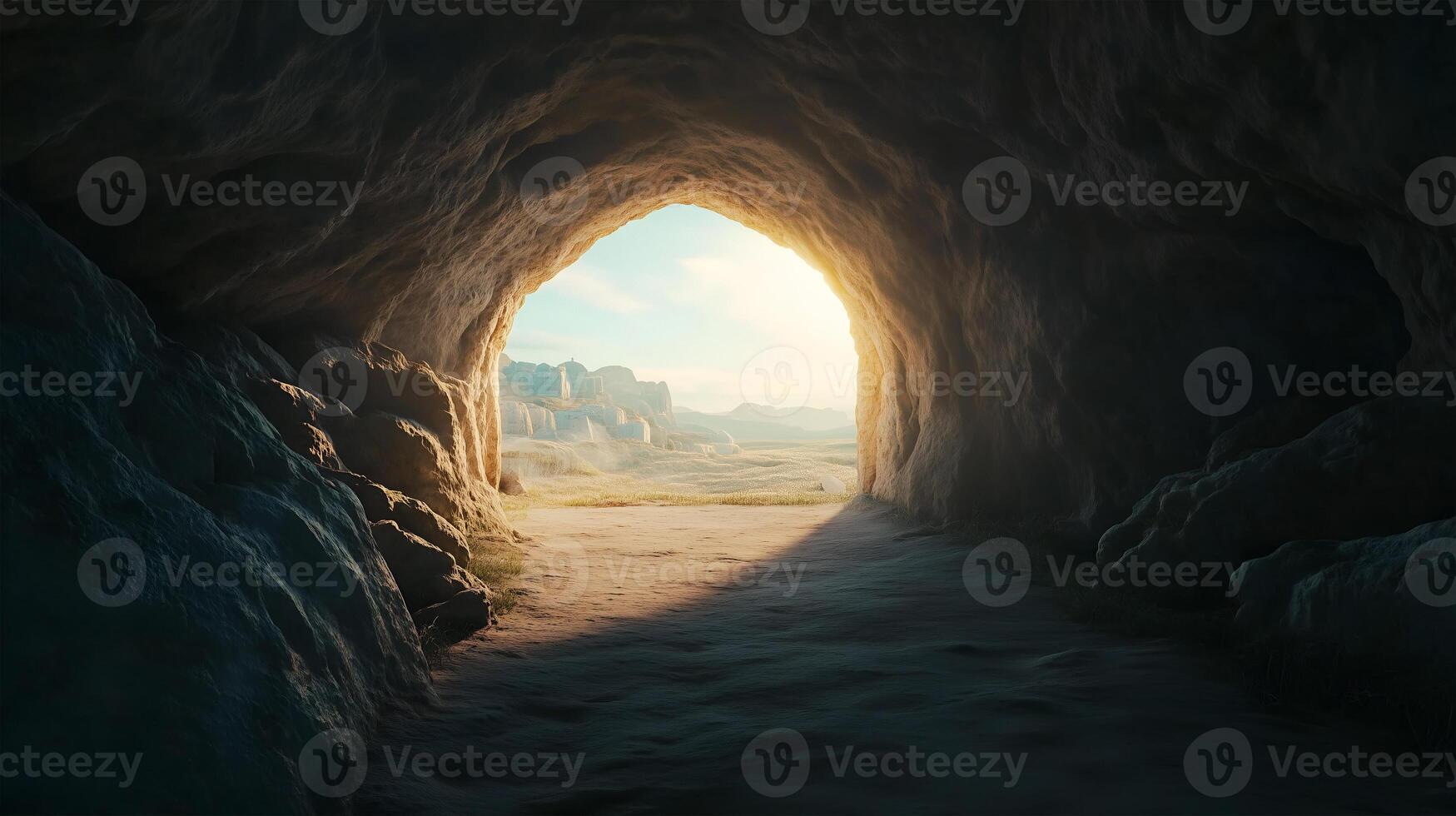 The empty tomb at dawn symbolizes the resurrection of Jesus and the triumph over death photo