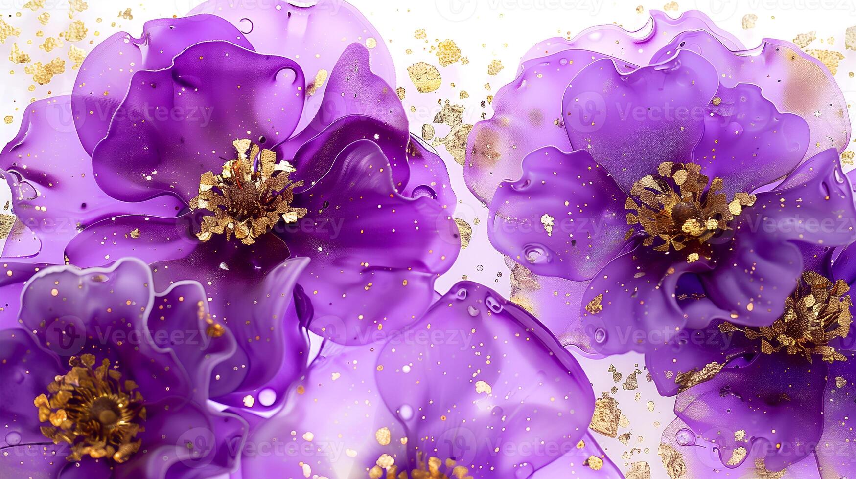 Elegant purple flowers with golden accents set against a marble ink background photo