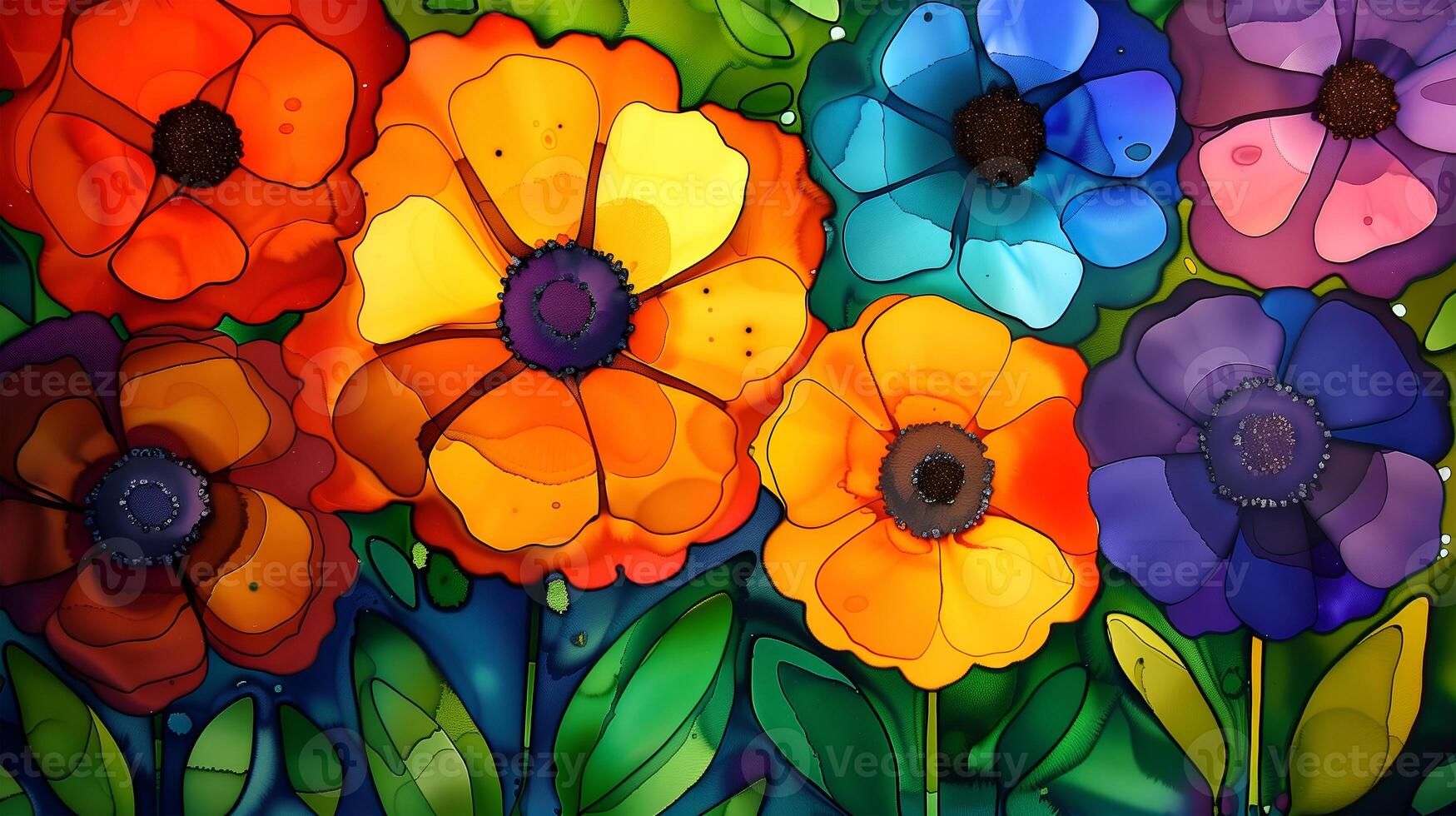 Colorful flowers blooming against a vibrant marble ink background in bright hues photo