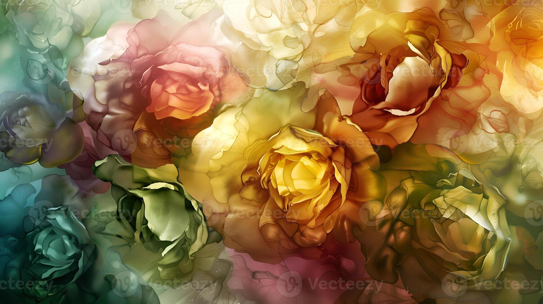 Colorful marble ink background featuring blooming roses in soft hues of red, yellow, and green photo