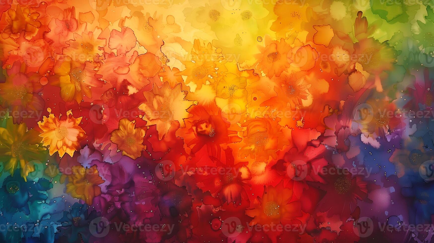 Vibrant floral abstract with marble ink texture in hues of red, gold, and blue photo