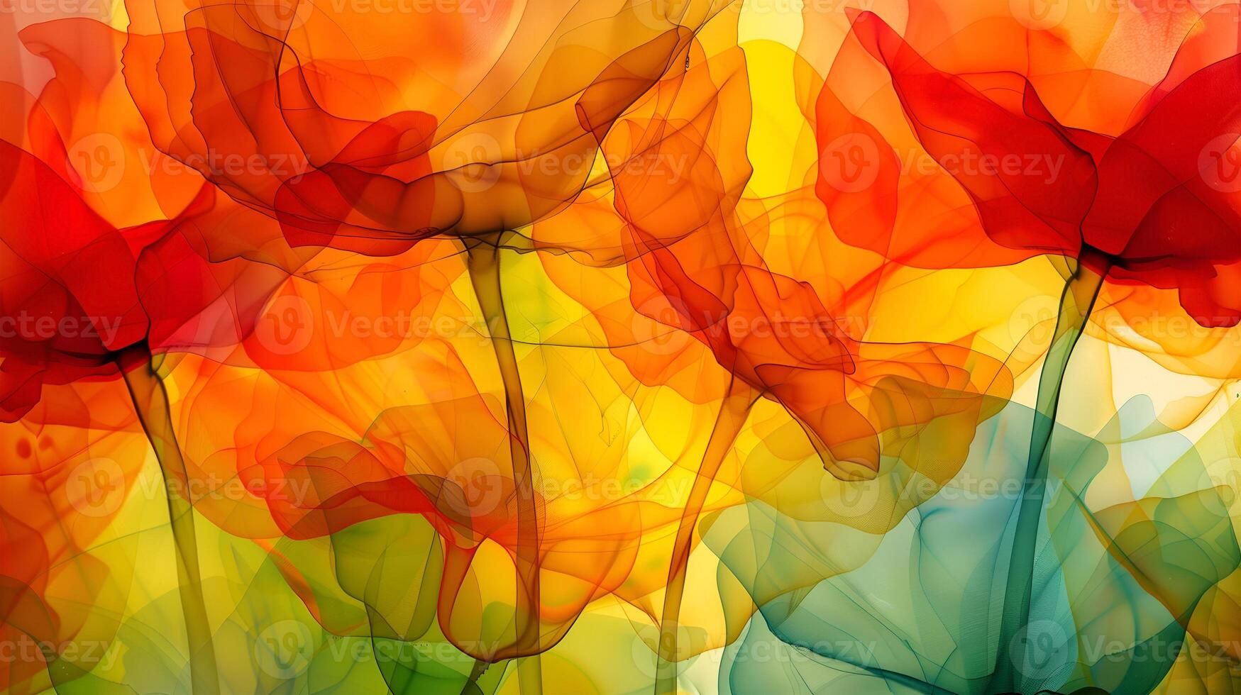 Vibrant abstract background featuring flowing shapes in orange, red, and green hues photo