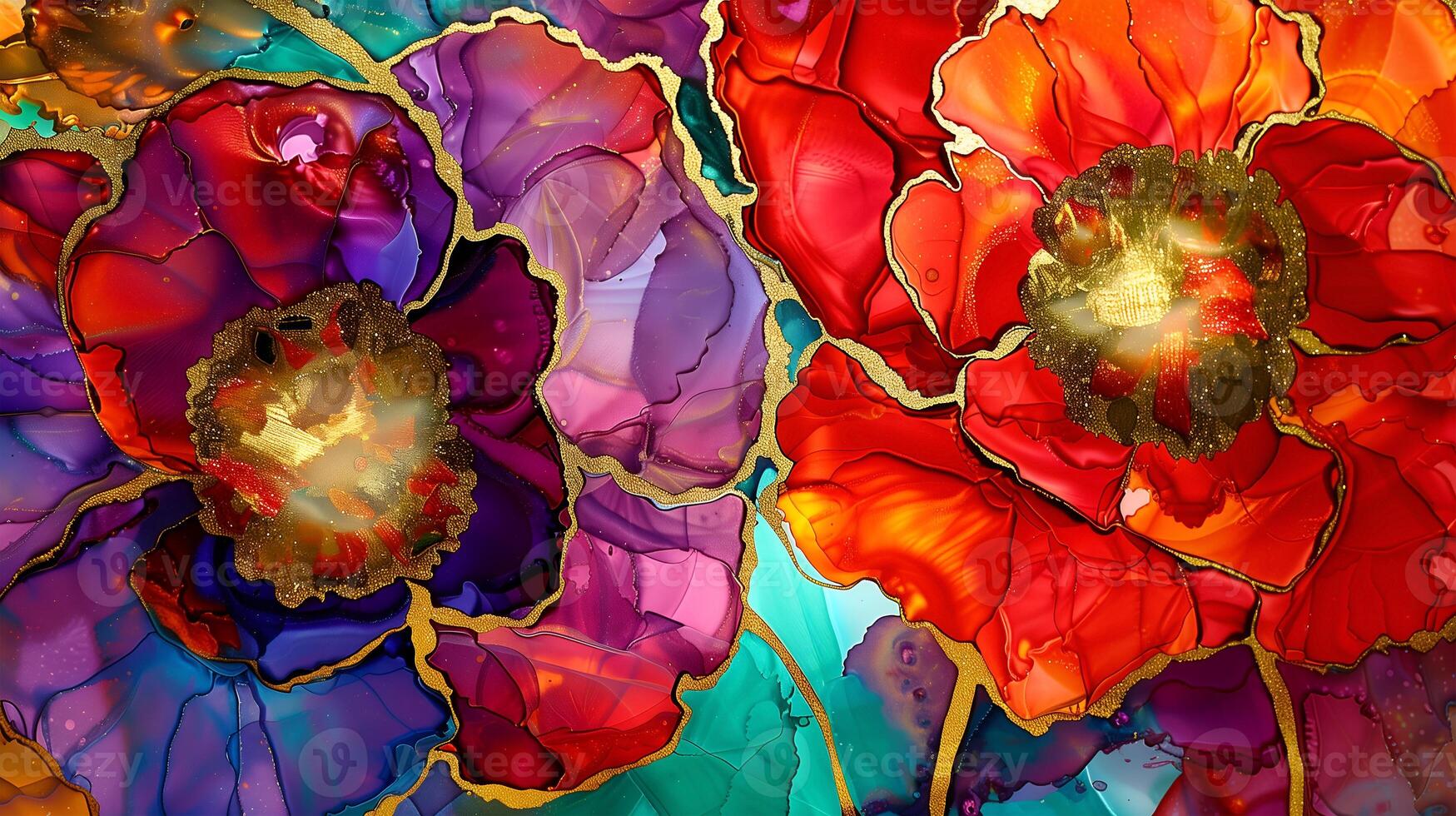 Colorful floral artwork on a marble ink background showcasing vibrant hues and intricate details photo